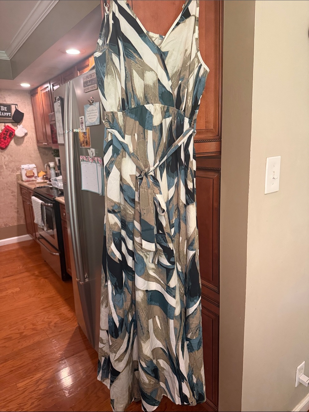 SHEIN Teal, Beige & White Sleeveless Wrap Maxi Dress with Tie Waist